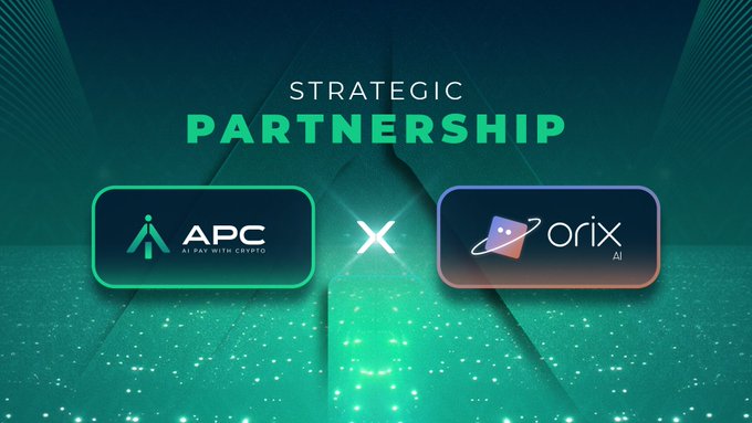 A "Strategic Partnership" announcement graphic featuring the APC (AI Pay with Crypto) logo alongside the Orix AI logo, separated by an "X" symbol, set against a green, futuristic digital background. The image visually represents the collaboration described in the post between APC and Orix to build an AI agent on BNB Chain.
