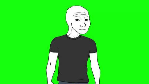 A simple digital drawing of a Wojak-style character with a bald head and neutral expression, wearing a dark gray t-shirt against a bright green background.