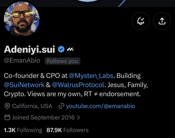Twitter/X profile of 'Adeniyi.sui' (@EmanAbio), Co-founder & CPO at Mysten Labs, building SuiNetwork and WalrusProtocol, based in California, USA, with 87.9K followers.