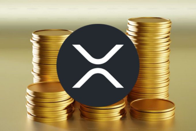 The XRP cryptocurrency logo displayed prominently against a backdrop of stacked gold coins.