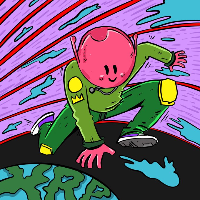 A colorful cartoon illustration of a character with a pink head and green suit climbing on a globe against a purple patterned background.