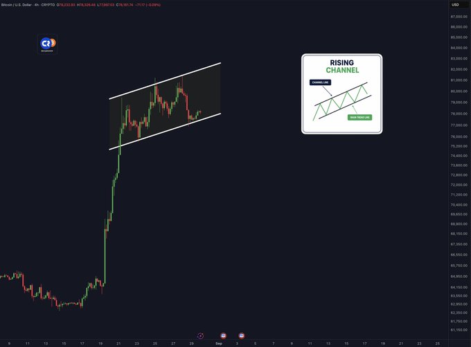 A Bitcoin (BTC/USD) candlestick chart shows a clear ascending channel pattern with support around $77,500 and resistance near $81,500, as highlighted by the "Rising Channel" diagram overlay, reflecting the post's analysis that a breakout from this range will determine BTC's next major move.