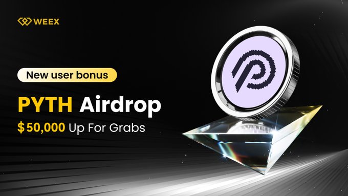 This image advertises the "$PYTH Airdrop" event by WEEX, offering "$50,000 Up For Grabs" as a new user bonus. The image directly complements the accompanying text by visually representing the PYTH coin and highlighting the key promotional details.