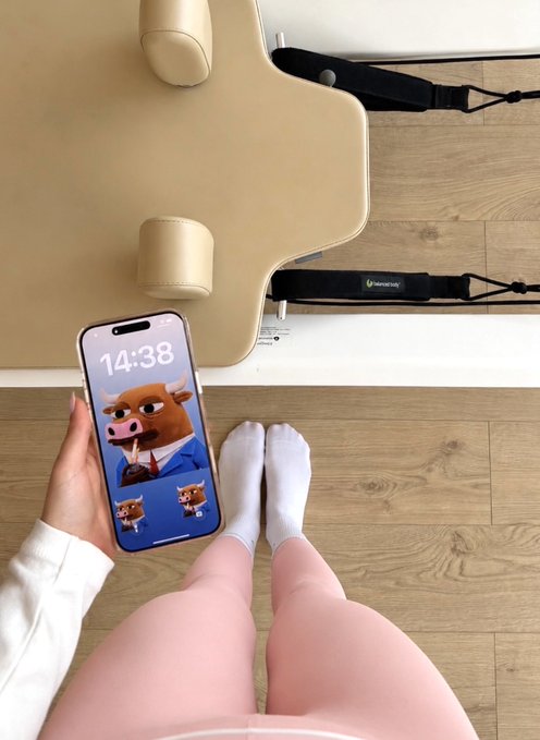 The image features a person wearing pink pants, standing next to a white wall with a phone displaying an image of a cow. The caption reads "happy Friday getting ready for pilates + $BULL still holding strong most memes already died during this market but this one keeps holding up who else is a delusional bull?". This post seems to be promoting the idea that the person in pink pants has been "bulling" or belittling others, as indicated by the cow image on their phone.
