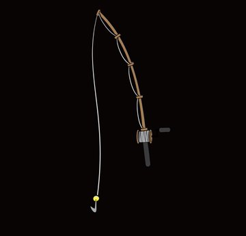 Simple illustration of a fishing rod and reel with a line and small yellow lure against a black background.