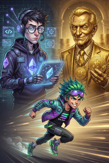 A vibrant cartoon-style illustration depicting crypto culture with a young hacker holding an Ethereum tablet, a running character labeled 'SOLANA', and a golden suited man holding a Bitcoin.