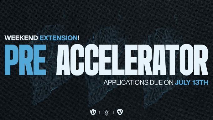 A promotional banner with the text 'WEEKEND EXTENSION! PRE ACCELERATOR' and 'APPLICATIONS DUE ON JULY 13TH' against a dark blue background.