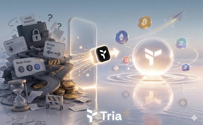 The image showcases a post promoting cryptocurrency, specifically Web3, which has been created by Tria. The logo of this digital currency is displayed prominently within the frame, making it stand out as an essential element in the design. Below the main logo, there is text that highlights what Tria is and its primary focus on the development of Web3. This information clearly explains what the post is promoting while also providing a visual representation of Tria's identity and core values.