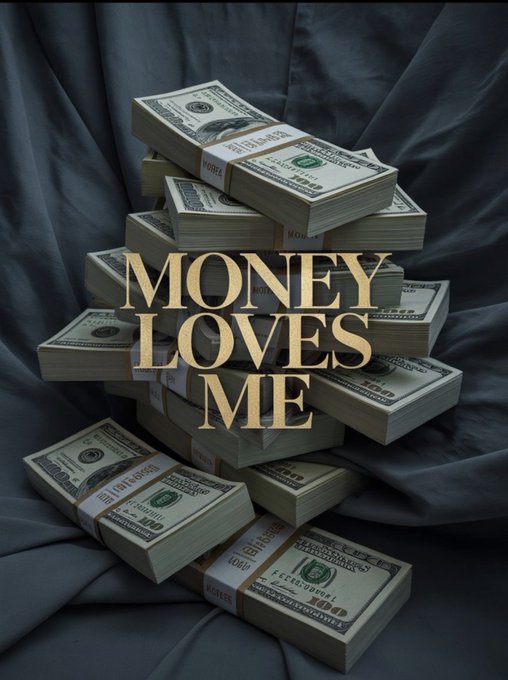 A stack of bundled US $100 bills rests on dark fabric with the bold golden text 'MONEY LOVES ME' overlaid.
