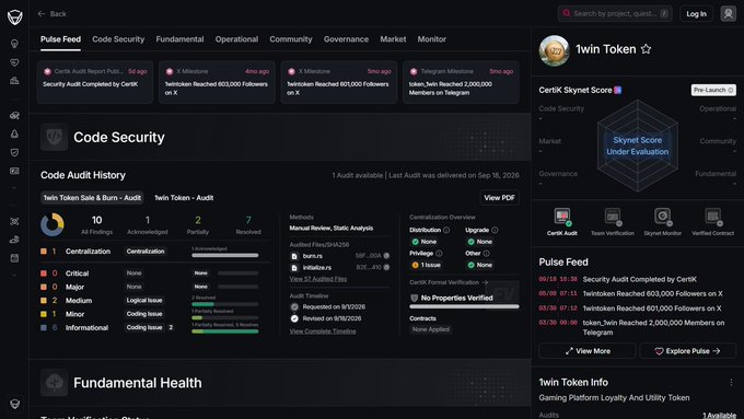 A dark-themed crypto analytics dashboard showing the 1win Token project page with Code Security audit details, including a 1 audit available status, 10 findings (1 acknowledged), and a CertiK Skynet Score under evaluation.