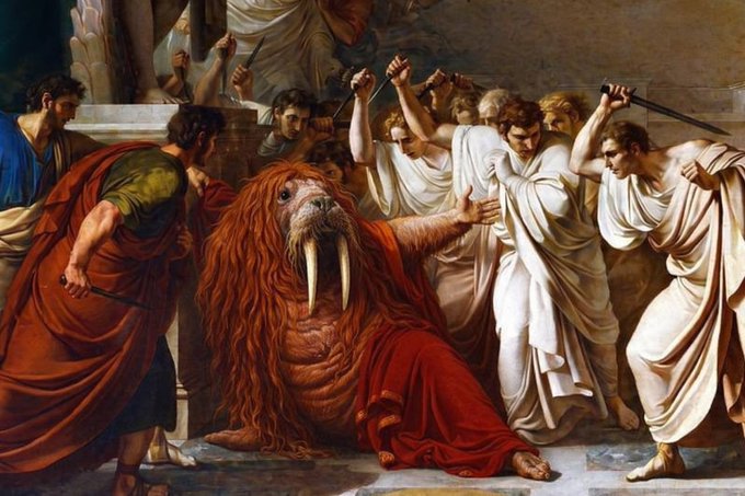 A classical painting depicting Roman senators in white togas attacking a bearded figure in red robes, who has tusks resembling a walrus, in what appears to be the Death of Cato scene.