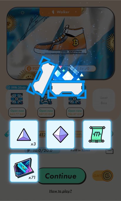 A mobile game interface displaying a 'Walker' character card with a Bitcoin-themed high-top shoe (labeled 'NAKAMOTO'), showing resource icons and a 'Continue' button at the bottom.