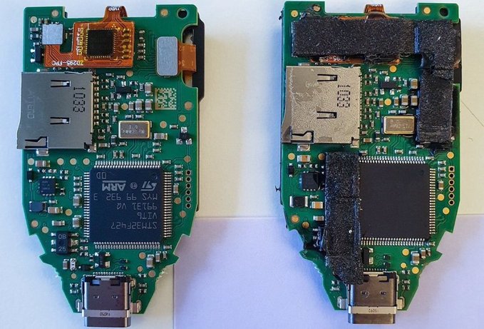 Two sides of a circuit board with an STM32F4 ARM processor, microSD slot, and SIM card slot shown.