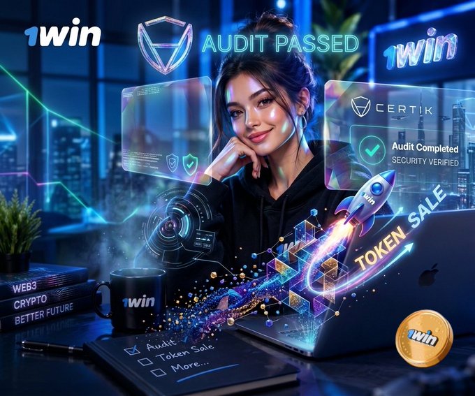 A digital promotional graphic for the 1win token features a woman at a glowing tech workspace with "AUDIT PASSED," "CERTIK Audit Completed SECURITY VERIFIED," and "TOKEN SALE" overlays, visually celebrating the completion of the CertiK security audit as mentioned in the post. A rocket with the 1win logo soaring upward reinforces the project's progress toward its upcoming token sale phase.