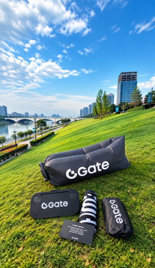 A grassy park scene with a city skyline in the background, featuring black Gate-branded inflatable lounge chairs, a bag, and accessories laid out on the lawn.