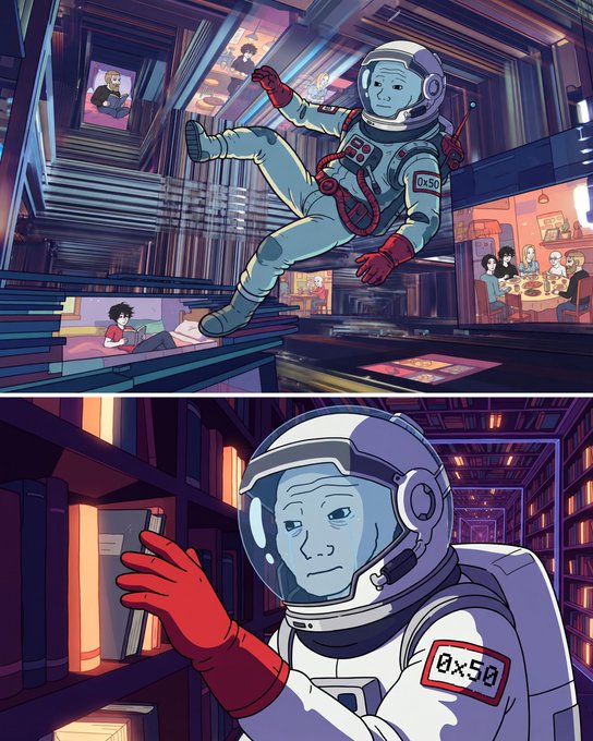 A two-panel comic-style illustration showing an astronaut in a white spacesuit with '0x50' on the arm, floating in a library in the top panel and reaching for a glowing book in the bottom panel.