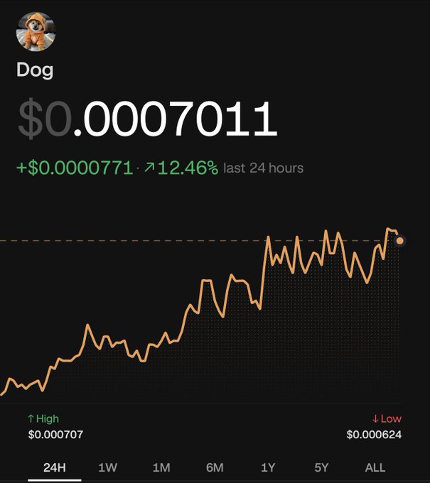 A cryptocurrency price chart showing 'Dog' coin at $0.0007011, up 12.46% in the last 24 hours, with an orange line graph.