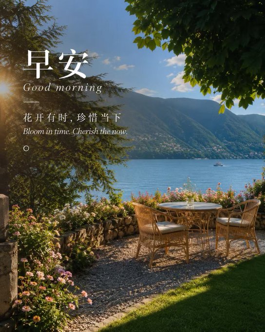 A scenic lakeside view with mountains, featuring a wicker table and chairs surrounded by flowers, overlaid with text 'Good morning 早安 花开有时,珍惜当下 Bloom in time. Cherish the now.'