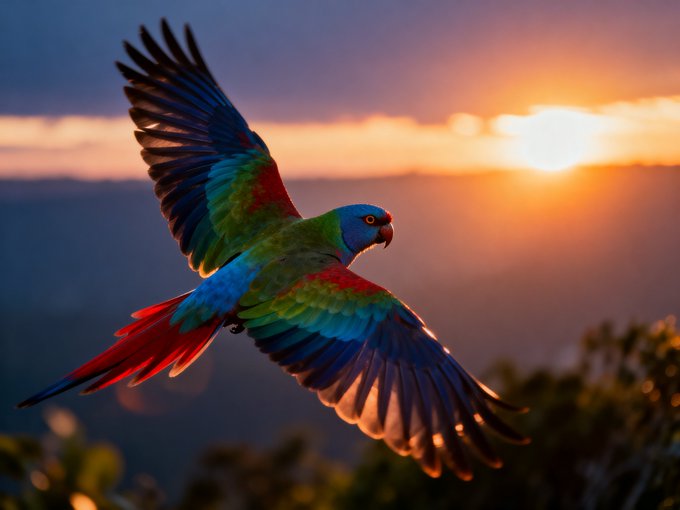 A vibrant macaw parrot in flight with outstretched wings, featuring blue, green, and red plumage against a golden sunset sky.
