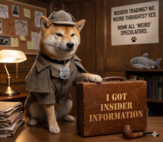 A Shiba Inu dog dressed as a detective wearing a deerstalker hat and trench coat with an 'Insider Intel' badge, sitting at a desk next to a brown suitcase labeled 'I GOT INSIDER INFORMATION,' with a sign reading 'INSIDER TRADING? NO. WEIRD THOUGHTS? YES. BONK ALL WEIRD SPECULATORS.'