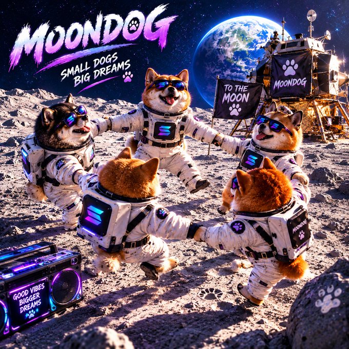 A digital illustration titled 'MOONDOG - SMALL DOGS BIG DREAMS' depicts Shiba Inu dogs dressed as astronauts holding hands on a lunar surface with Earth in the background.