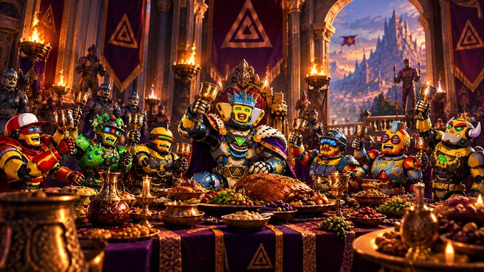 A fantasy-style digital illustration of various costumed, robotic characters wearing crowns and goggles feasting at a long banquet table filled with food, set in a grand castle hall.