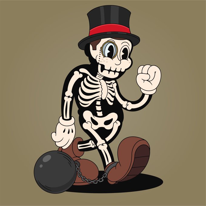 A cartoon skeleton wearing a black top hat and brown boots walks forward while chained to a ball and chain, symbolizing the post's joke about being unable to "exit a position" even in death, with the reference tagging "@modelcitizensgg" for the character design.