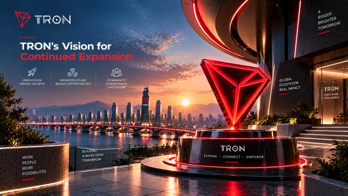 A promotional graphic for TRON featuring a large red TRON logo monument overlooking a city skyline at sunset, with text including 'TRON'S Vision for Continued Expansion,' 'INNOVATION DRIVES GROWTH,' 'INFRASTRUCTURE BUILDS OPPORTUNITIES,' and 'EXPAND • CONNECT • EMPOWER.'
