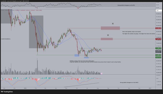 A TradingView chart of Bitcoin/USD (BTCUSD) on a daily timeframe from August to December 2024, showing price action with bullish divergences marked on the RSI and MACD indicators, resistance zones highlighted near $73,555 and $73,696, and support levels around $64,600-$65,562 and $60,115. The chart's emphasis on key support levels and potential bearish breakout aligns with the post's warning that a failure to hold current support could send Bitcoin downward toward $60,000.