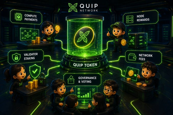 A stylized digital illustration depicts the QUIP Network ecosystem, featuring cartoon characters interacting with various elements labeled "Compute Payments," "Node Rewards," "Validator Staking," "Network Fees," and "Governance & Voting," all connected to a central glowing "QUIP Token" cylinder. The image visually breaks down the multiple roles of the QUIP token within the network, supporting the post's message that QUIP serves diverse functions beyond simple reward distribution.