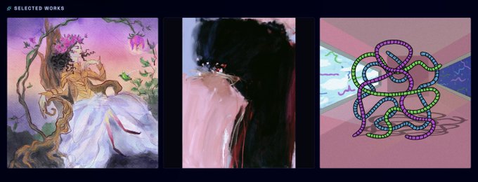 A presentation slide titled 'SELECTED WORKS' displaying three pieces of artwork side by side: a fairy-like figure, an abstract painting with pink and black, and a colorful chain-like design.