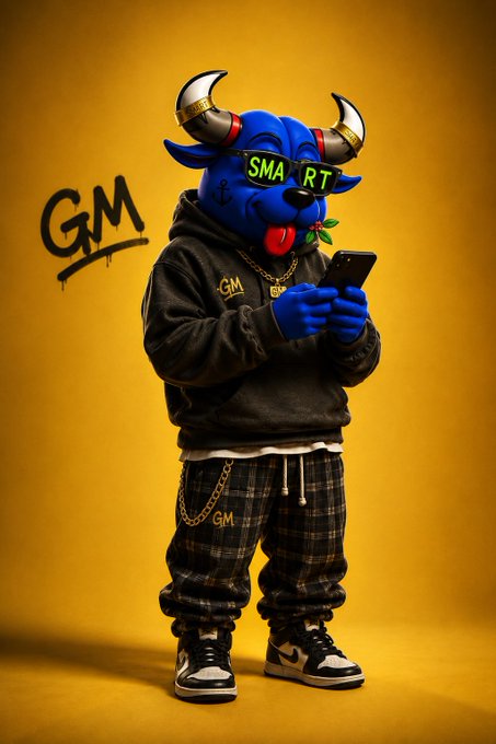A blue cartoon bull mascot wearing "SMART" sunglasses, a black hoodie, and plaid pants holds a phone against a yellow background, with "GM" tagged in graffiti style. The image's casual "gm" (good morning) greeting and bullish mascot pair perfectly with the post's upbeat Wednesday vibe and $COLORS theme, capturing a playful, positive crypto-community energy.