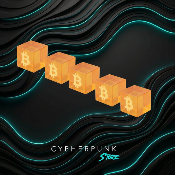 A digital graphic featuring five orange cubes with the Bitcoin logo floating over a dark, wavy background, with the text "CYPHERPUNK STORE" at the bottom.