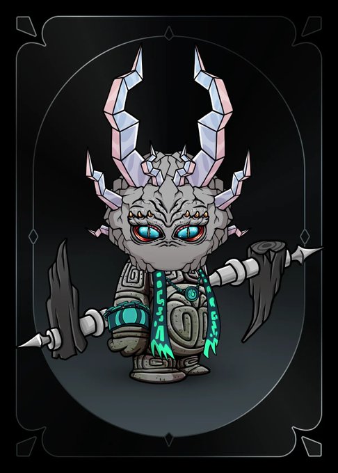 A chibi-style character with crystal horns, red eyes, and gray stone-like armor holds a pickaxe and sword against a dark background.