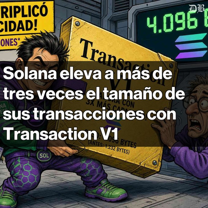 A comic-style illustration depicts a character carrying a large box labeled "Transaction V1", with Spanish text reading "Solana eleva a más de tres veces el tamaño de sus transacciones con Transaction V1" overlaid.