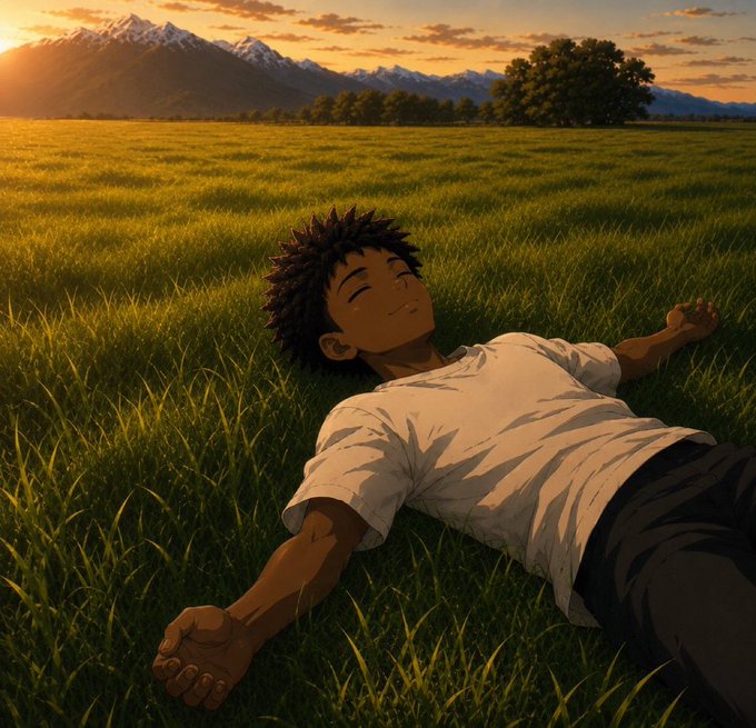 A young man lies peacefully in a grassy field at sunrise, arms outstretched with a blissful smile as snow-capped mountains and a warm golden sky stretch behind him. The serene, grateful "good morning" energy mirrors the post's uplifting call to embrace the new week with positivity.