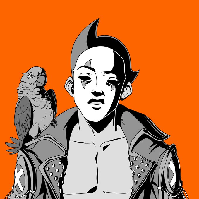 A black and white illustration on an orange background depicts a shirtless man with dark hair and diamond-shaped markings under his eyes, wearing a studded jacket, with a parrot perched on his shoulder.