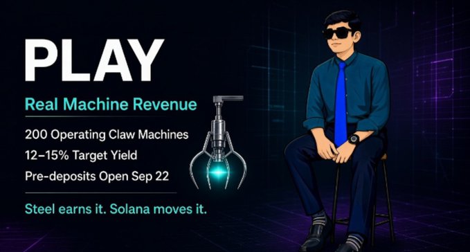 A promotional graphic for "$PLAY" on Solana features an illustration of a man in sunglasses and a blue shirt seated beside a claw machine, with text highlighting "Real Machine Revenue," "200 Operating Claw Machines," a "12–15% Target Yield," and pre-deposits opening Sep 22, reinforcing the post's pitch of tokenizing arcade claw machine revenue for a target 12–15% annual yield backed by real-world usage.