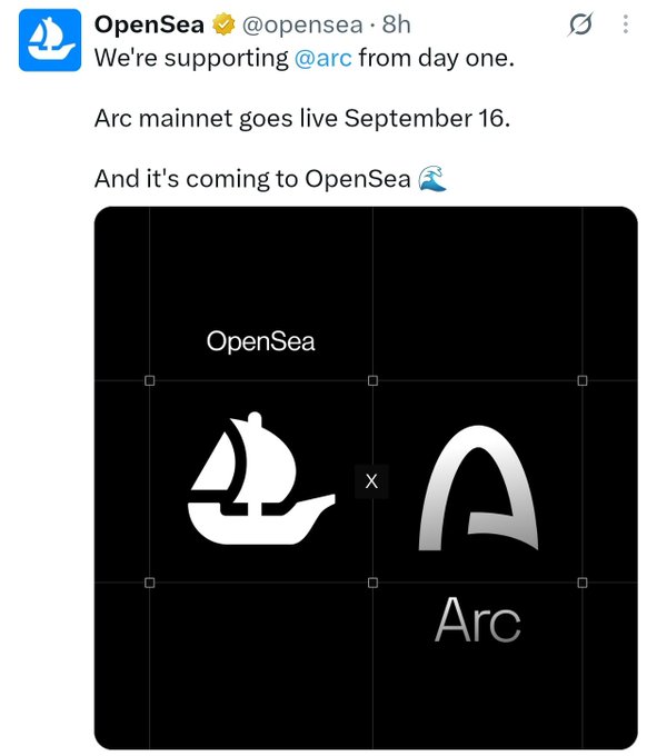 A tweet from OpenSea (@opensea) announces support for Arc, with text: 'We're supporting @arc from day one. Arc mainnet goes live September 16. And it's coming to OpenSea 🌊'
