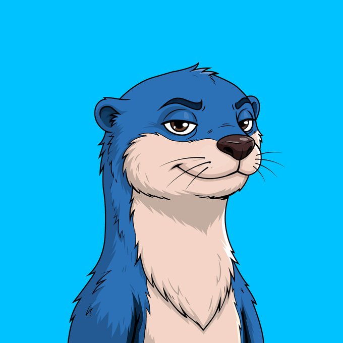 A cartoon illustration of an anthropomorphic otter character with blue and cream fur, featuring expressive brown eyes and a slight smile against a bright cyan background.