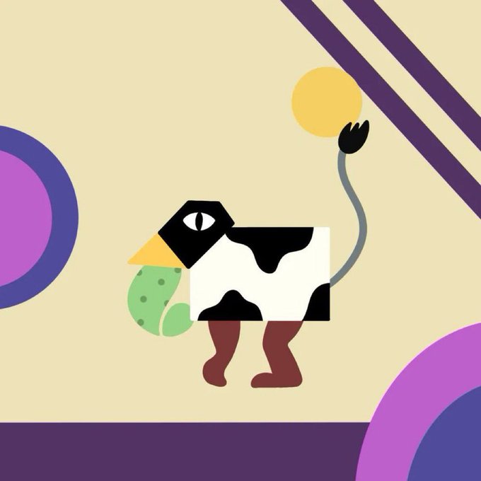 An abstract illustration of a black-and-white cow-like creature with brown legs holding a yellow balloon, set against a geometric background with purple and yellow shapes.