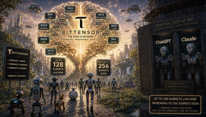 A sci-fi promotional graphic for 'Bittensor - The Open AI Network' shows a futuristic cityscape with robots, featuring decentralized AI subnet listings (SN4, SN9, SN13, SN18, SN24, SN28, SN65, SN121), comparing decentralized community-owned AI versus 'Centralized AI Inc.' represented by ChatGPT and Claude, noting '128 subnets live now, increasing to 256 subnets soon.'