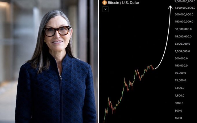 The image shows Cathie Wood on the left beside a Bitcoin/U.S. Dollar price chart on the right, with a curved arrow projecting BTC's value upward past the $1,500,000 mark. This visually illustrates her bold prediction that Bitcoin will reach $1,000,000 by 2030.