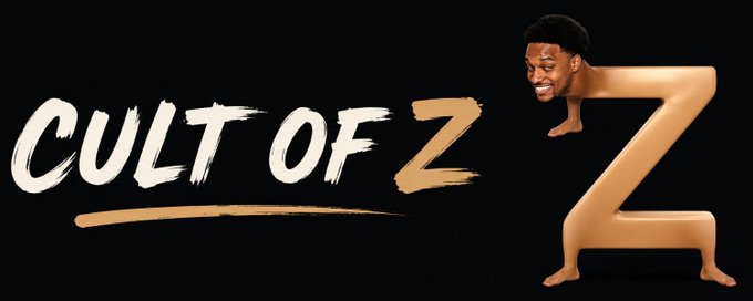 The image features the text "CULT OF Z" in bold, brush-stroke lettering on a black background, paired with a figure forming the letter "Z" with its body—its head replaced by a meme-style face—visually tying into the post's bullish "$Z Looking good here!" sentiment.