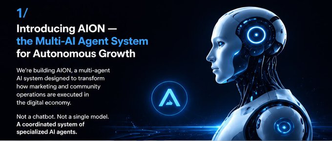 Introducing AION, a multi-AI agent system designed for autonomous growth, as depicted by a futuristic AI head and the AION logo. This image introduces the AION system, which aims to revolutionize marketing and community operations through coordination of specialized AI agents.