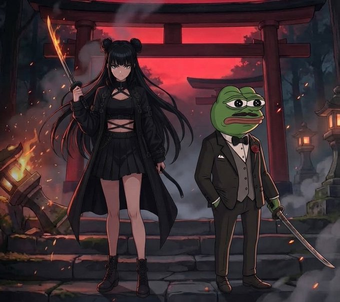 An anime-style illustration of a girl with twin buns in a dark gothic outfit holding a flaming sword next to a Pepe the Frog character in a tuxedo holding a katana, standing before a red torii gate at sunset.