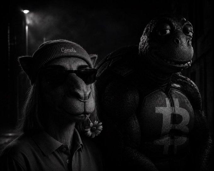 The image features a man wearing sunglasses, a beanie hat, and a shirt with a flower attached to his shirt. He has a camel mask on one side of his face and a turtle mask on the other side. The camel is sitting on the left side of the image while the turtle is positioned on the right side. They are both facing away from each other in opposite directions. The man's attire includes a tie, which adds to the overall casual appearance. The flower attached to his shirt suggests that he might be attending an event or gathering where dressing up is required.