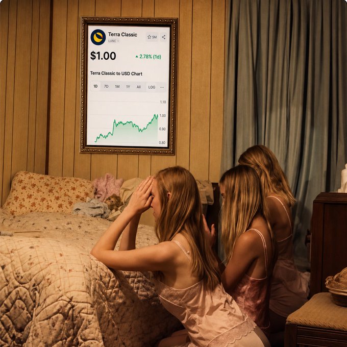 A nostalgic-looking photo of three young girls in pink nightgowns reacting with their hands on their faces while sitting on a bed, looking at a framed Terra Classic (LUNA) crypto price chart showing $1.00 and an upward trend.