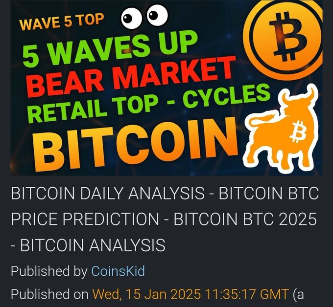 The image is a YouTube thumbnail by CoinsKid titled "WAVE 5 TOP - 5 WAVES UP - BEAR MARKET - RETAIL TOP - CYCLES - BITCOIN," published on Wed, 15 Jan 2025, featuring Bitcoin logos and a bull graphic. It visually supports the post's argument that retail interest was a top indicator, not a bottom signal, aligning with CoinsKid's analysis of Bitcoin's bear market cycle.