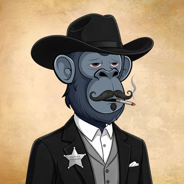 A cartoon illustration of a gorilla wearing a black cowboy hat, suit, and sheriff's badge while smoking a cigarette against a tan background.